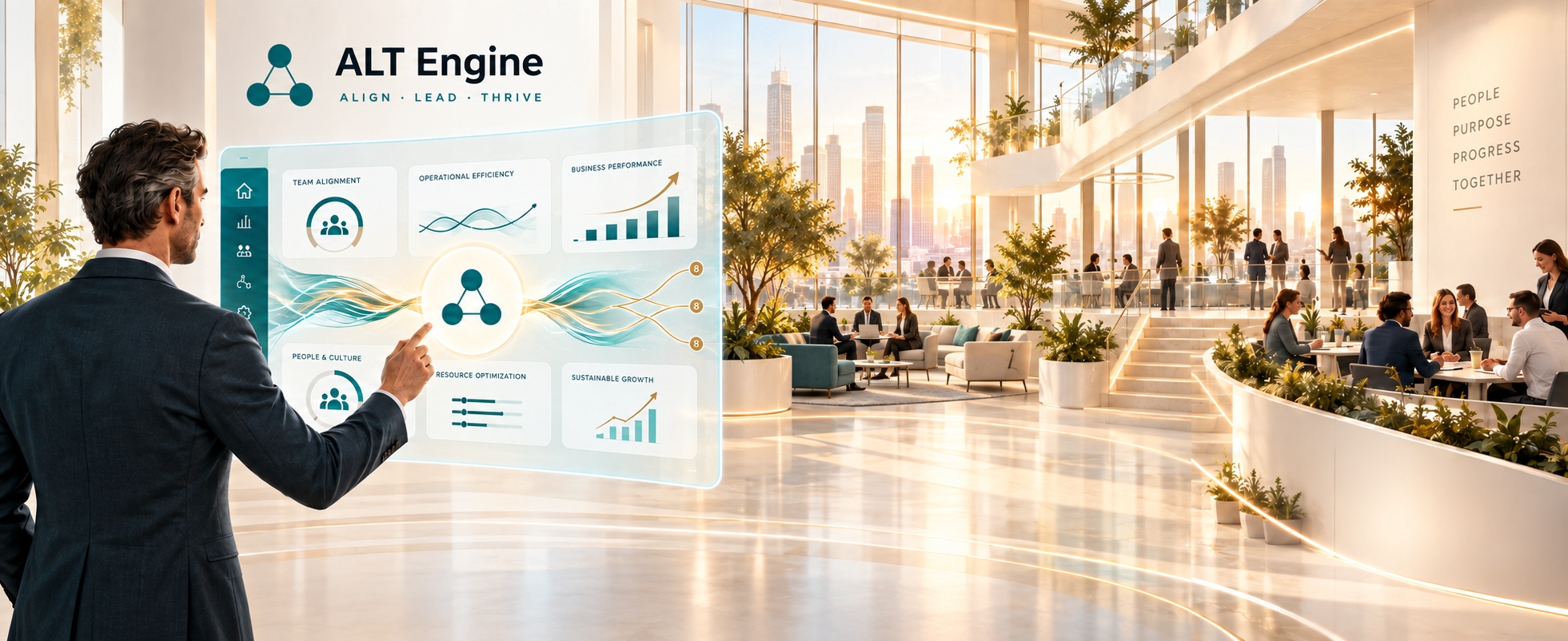 A leader directing the ALT Engine dashboard, showing team alignment, operational efficiency, and business performance, bridging one-on-one consulting with the software that runs it